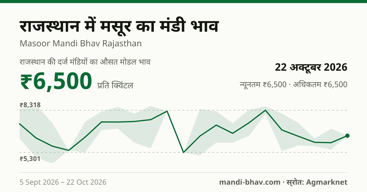 राजस्थान में मसूर का मंडी भाव 22 अक्टूबर 2026: औसत मोडल ₹6,500 प्रति क्विंटल, भाव के रुझान का चार्ट
