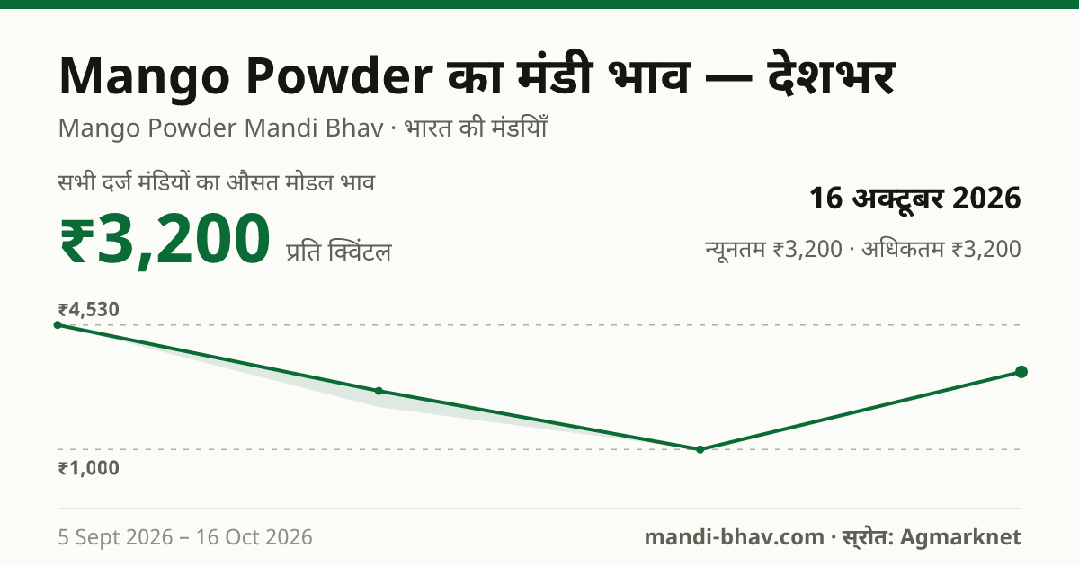 देशभर में Mango Powder का मंडी भाव 16 अक्टूबर 2026: औसत मोडल ₹3,200 प्रति क्विंटल, भाव के रुझान का चार्ट