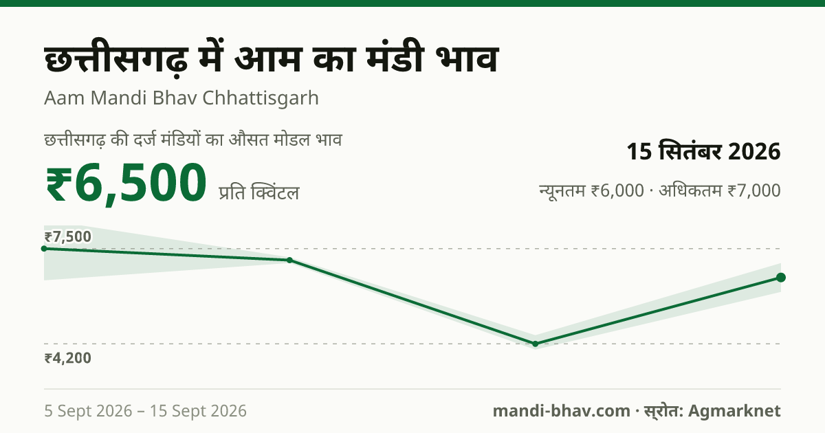 छत्तीसगढ़ में आम का मंडी भाव 15 सितंबर 2026: औसत मोडल ₹6,500 प्रति क्विंटल, भाव के रुझान का चार्ट