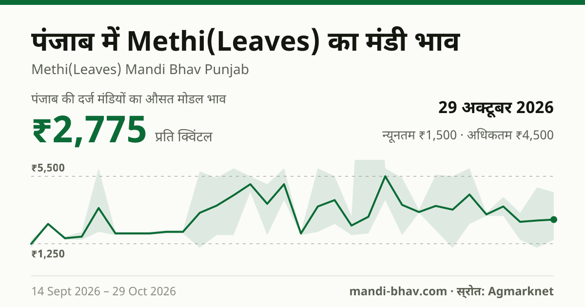 पंजाब में Methi(Leaves) का मंडी भाव 29 अक्टूबर 2026: औसत मोडल ₹2,200 प्रति क्विंटल, भाव के रुझान का चार्ट