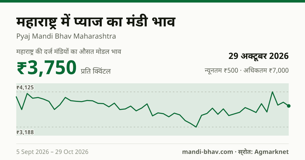 महाराष्ट्र में प्याज का मंडी भाव 29 अक्टूबर 2026: औसत मोडल ₹3,750 प्रति क्विंटल, भाव के रुझान का चार्ट