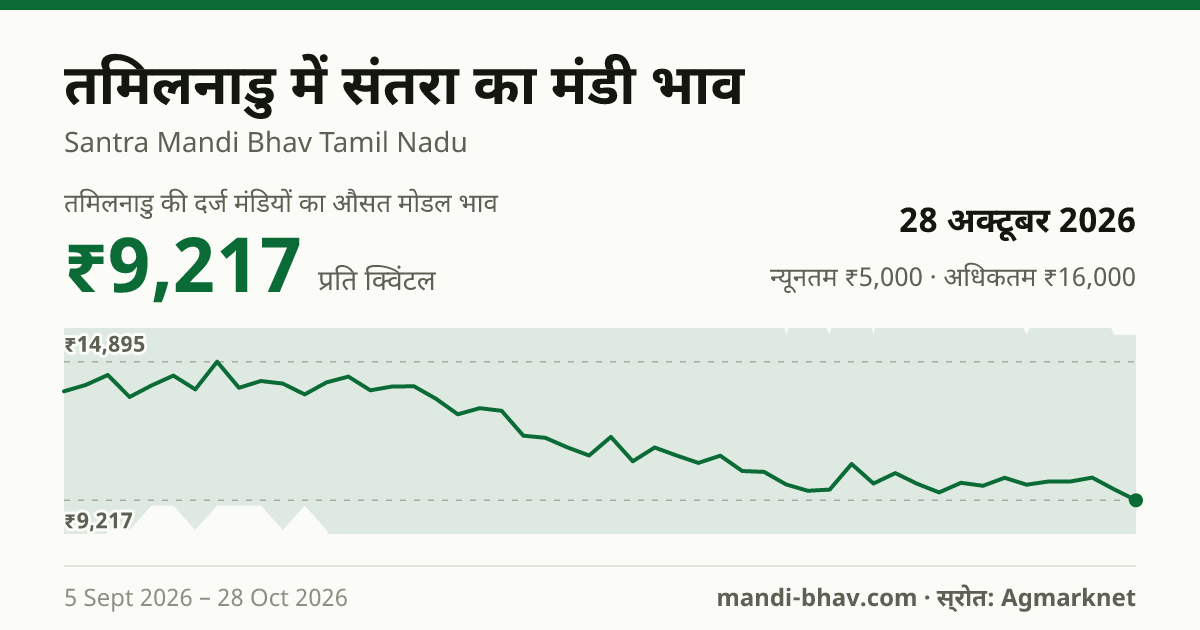 तमिलनाडु में संतरा का मंडी भाव 28 अक्टूबर 2026: औसत मोडल ₹9,217 प्रति क्विंटल, भाव के रुझान का चार्ट
