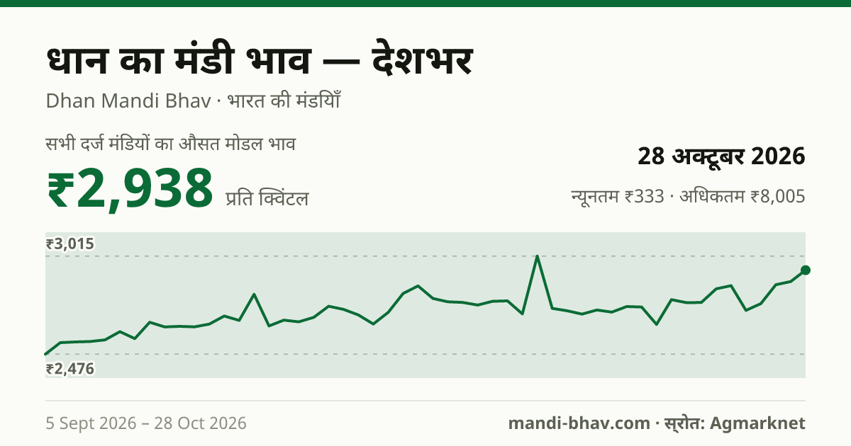 देशभर में धान का मंडी भाव 28 अक्टूबर 2026: औसत मोडल ₹2,938 प्रति क्विंटल, भाव के रुझान का चार्ट