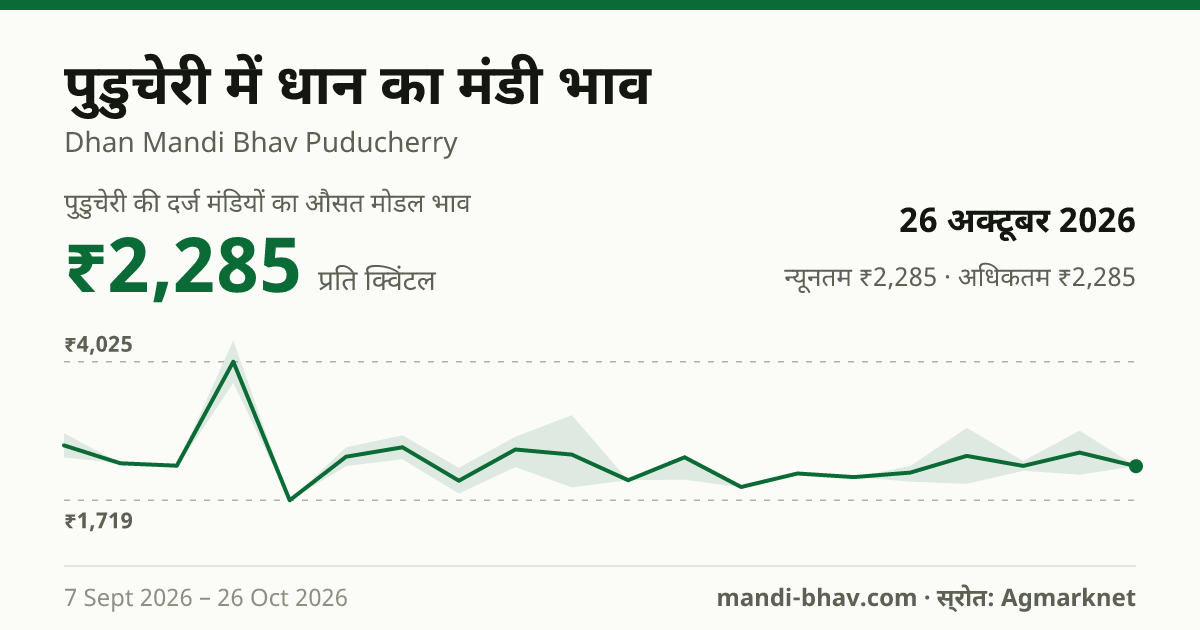 पुडुचेरी में धान का मंडी भाव 26 अक्टूबर 2026: औसत मोडल ₹2,285 प्रति क्विंटल, भाव के रुझान का चार्ट