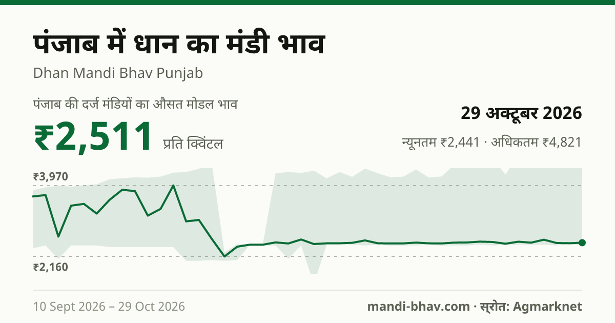 पंजाब में धान का मंडी भाव 29 अक्टूबर 2026: औसत मोडल ₹2,511 प्रति क्विंटल, भाव के रुझान का चार्ट