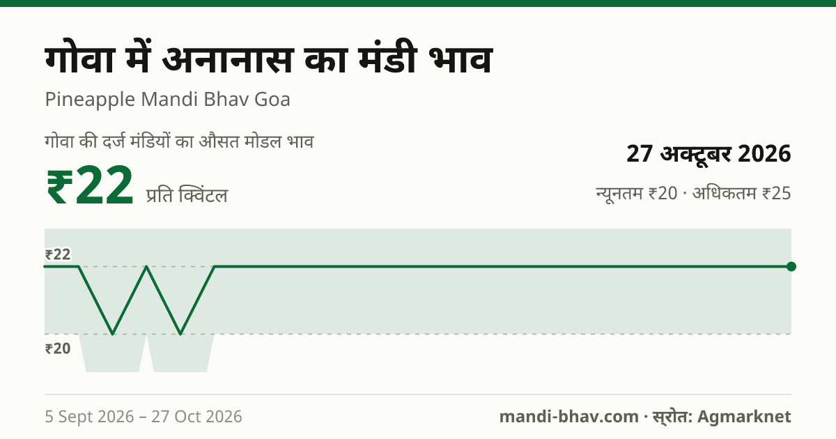 गोवा में अनानास का मंडी भाव 27 अक्टूबर 2026: औसत मोडल ₹22 प्रति क्विंटल, भाव के रुझान का चार्ट