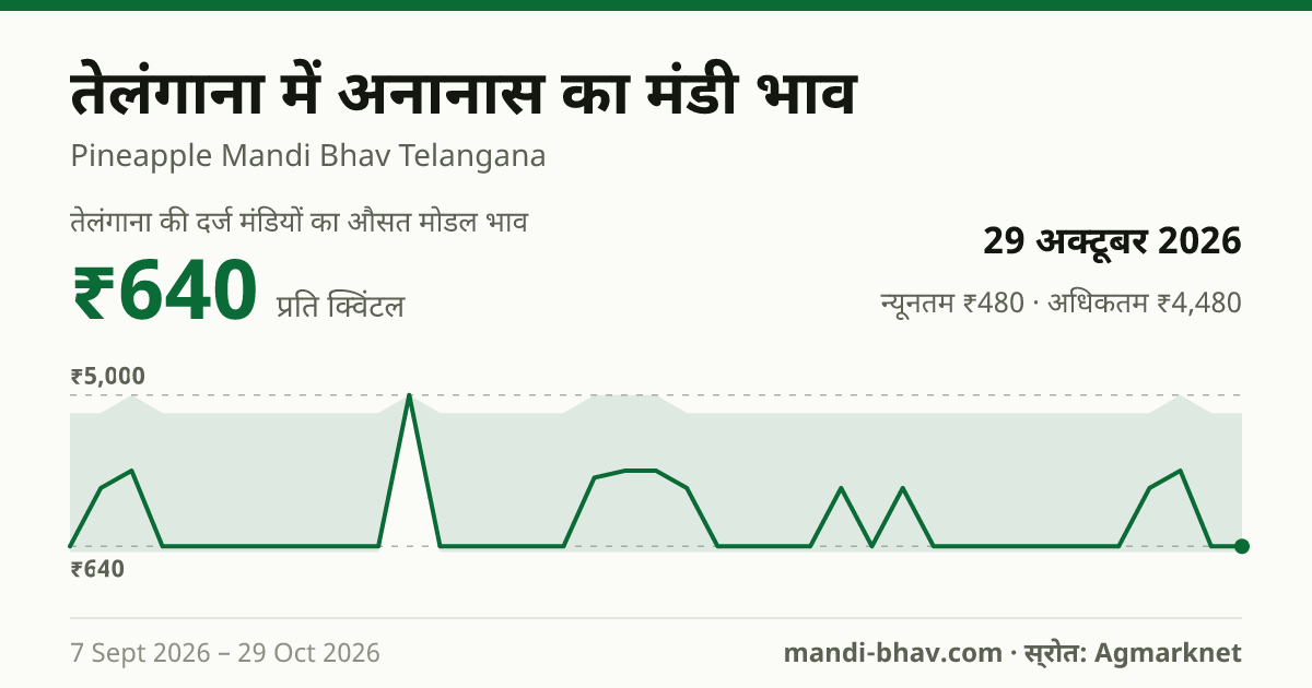 तेलंगाना में अनानास का मंडी भाव 29 अक्टूबर 2026: औसत मोडल ₹640 प्रति क्विंटल, भाव के रुझान का चार्ट