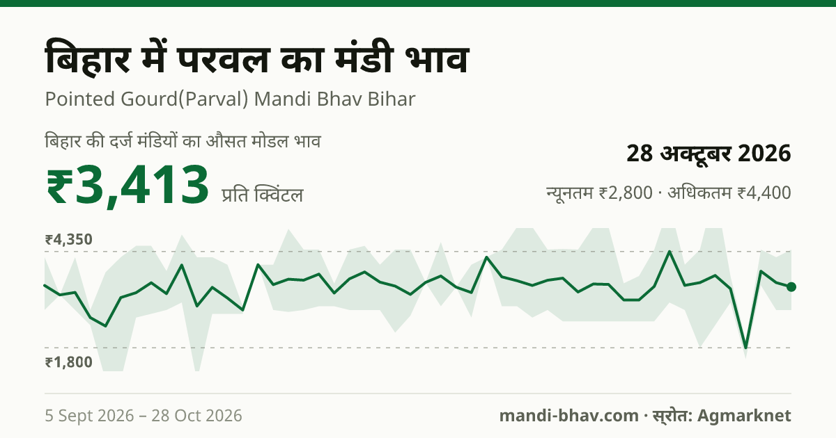 बिहार में परवल का मंडी भाव 28 अक्टूबर 2026: औसत मोडल ₹3,413 प्रति क्विंटल, भाव के रुझान का चार्ट