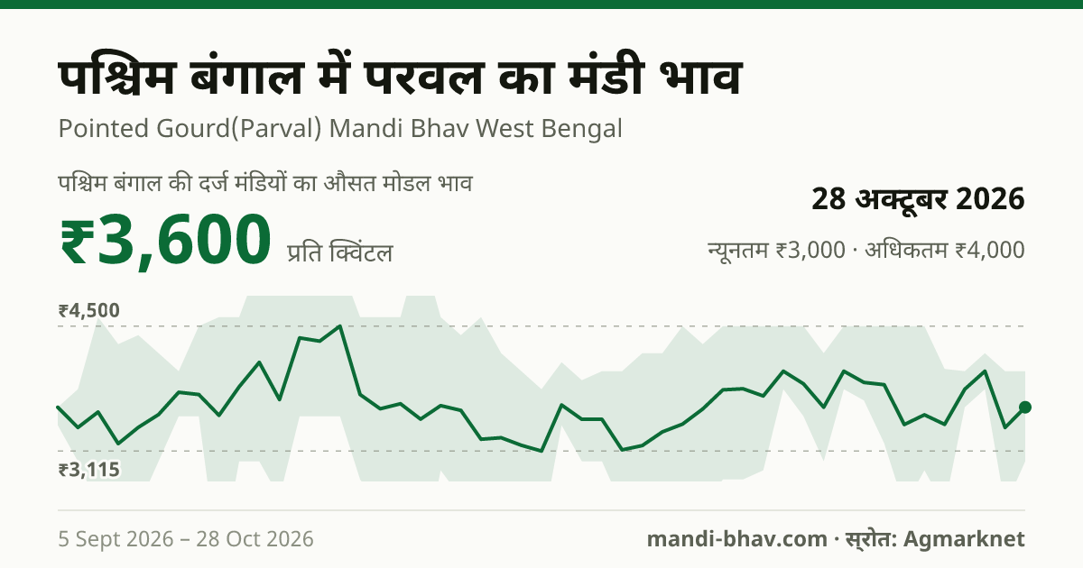 पश्चिम बंगाल में परवल का मंडी भाव 28 अक्टूबर 2026: औसत मोडल ₹3,600 प्रति क्विंटल, भाव के रुझान का चार्ट