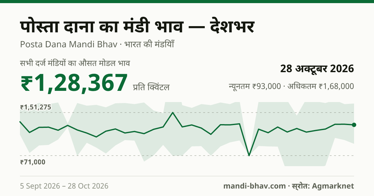 देशभर में पोस्ता दाना का मंडी भाव 28 अक्टूबर 2026: औसत मोडल ₹1,28,367 प्रति क्विंटल, भाव के रुझान का चार्ट