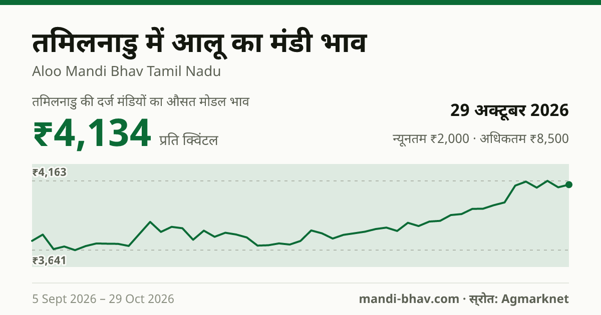 तमिलनाडु में आलू का मंडी भाव 29 अक्टूबर 2026: औसत मोडल ₹4,134 प्रति क्विंटल, भाव के रुझान का चार्ट