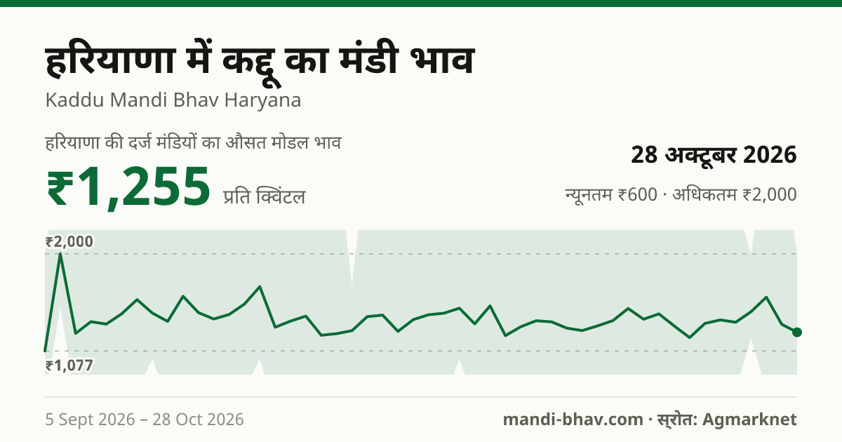 हरियाणा में कद्दू का मंडी भाव 28 अक्टूबर 2026: औसत मोडल ₹1,255 प्रति क्विंटल, भाव के रुझान का चार्ट