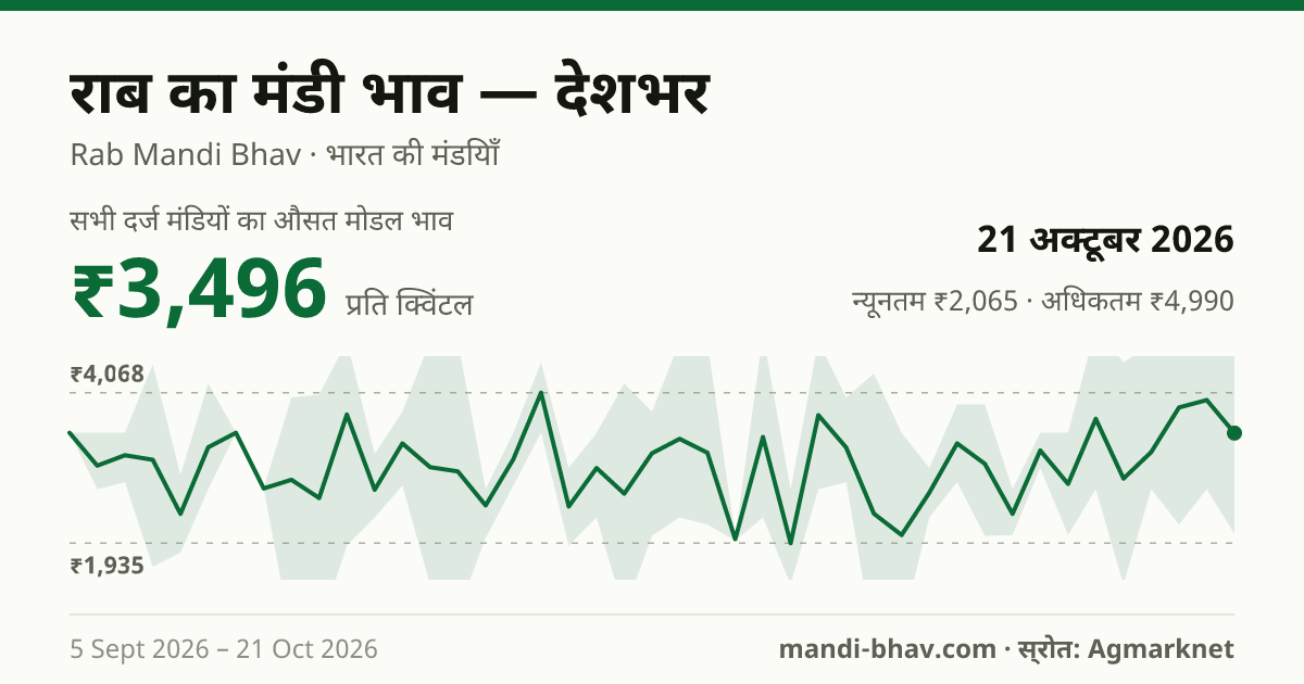 देशभर में Rab/Liquid Jaggery/Molasses का मंडी भाव 21 अक्टूबर 2026: औसत मोडल ₹3,496 प्रति क्विंटल, भाव के रुझान का चार्ट