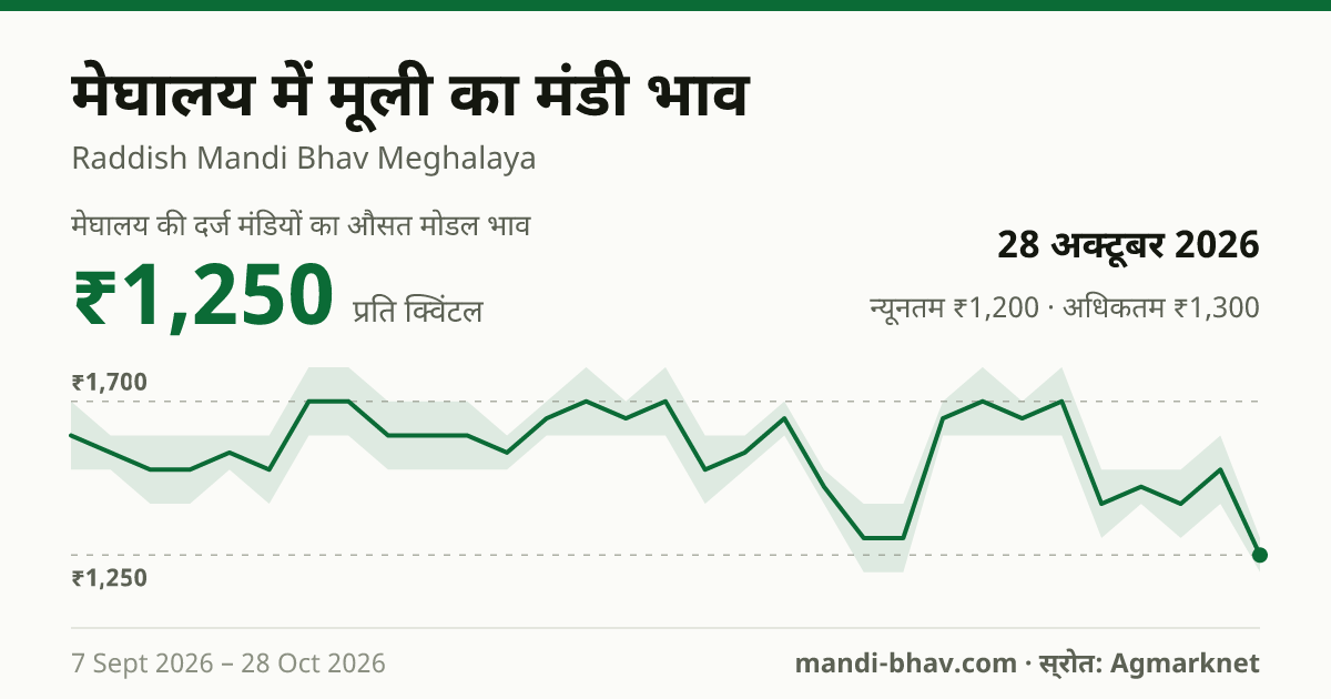 मेघालय में मूली का मंडी भाव 28 अक्टूबर 2026: औसत मोडल ₹1,250 प्रति क्विंटल, भाव के रुझान का चार्ट