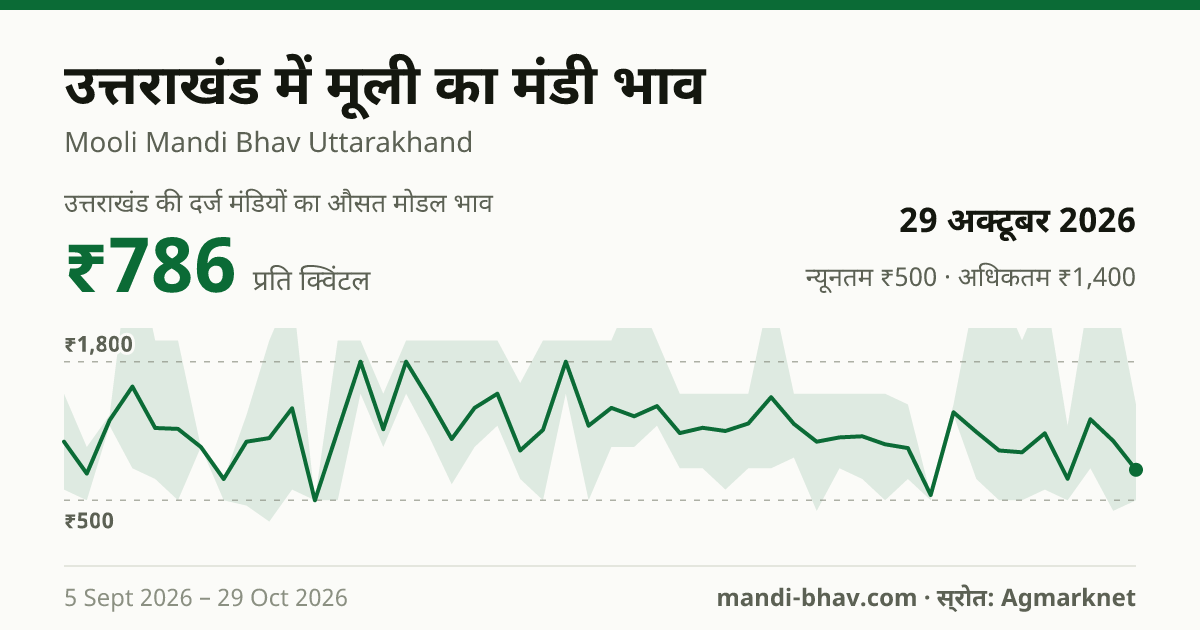 उत्तराखंड में मूली का मंडी भाव 29 अक्टूबर 2026: औसत मोडल ₹550 प्रति क्विंटल, भाव के रुझान का चार्ट