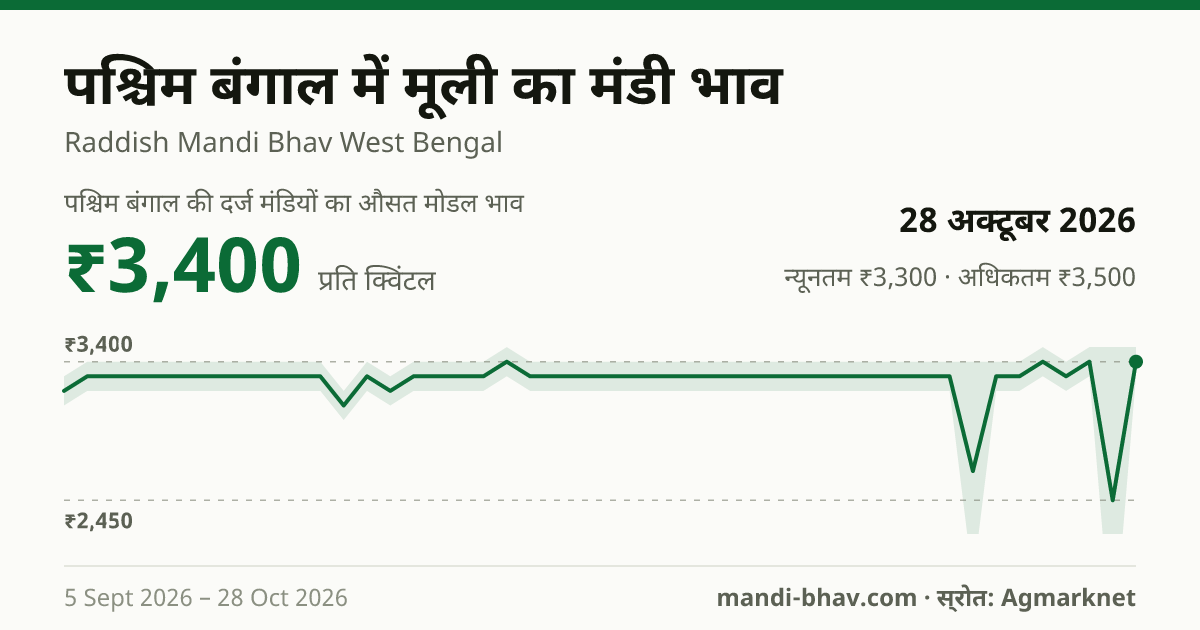 पश्चिम बंगाल में मूली का मंडी भाव 28 अक्टूबर 2026: औसत मोडल ₹3,400 प्रति क्विंटल, भाव के रुझान का चार्ट