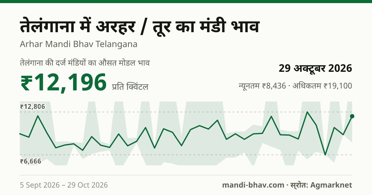 तेलंगाना में अरहर / तूर का मंडी भाव 29 अक्टूबर 2026: औसत मोडल ₹12,196 प्रति क्विंटल, भाव के रुझान का चार्ट