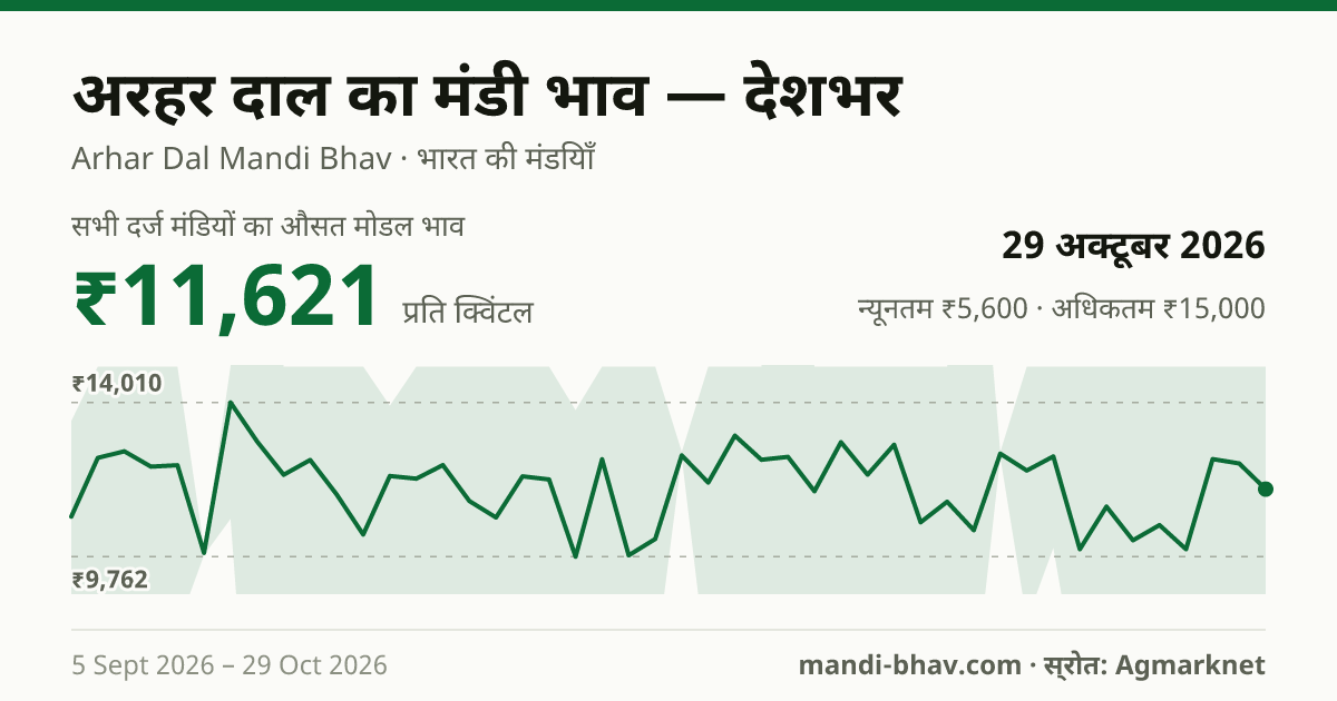 देशभर में अरहर दाल का मंडी भाव 29 अक्टूबर 2026: औसत मोडल ₹11,621 प्रति क्विंटल, भाव के रुझान का चार्ट