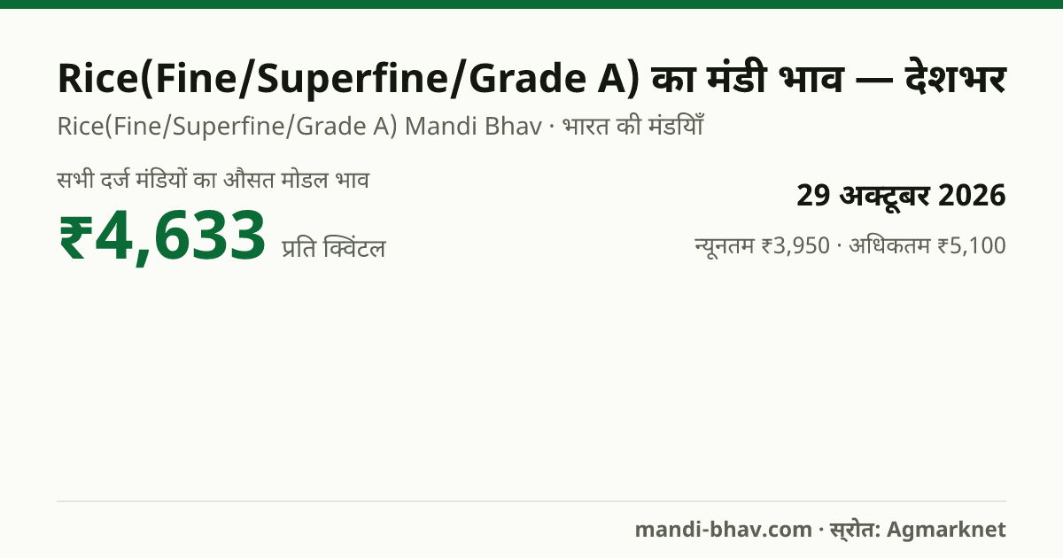 देशभर में Rice(Fine/Superfine/Grade A) का मंडी भाव 29 अक्टूबर 2026: औसत मोडल ₹4,633 प्रति क्विंटल, भाव के रुझान का चार्ट