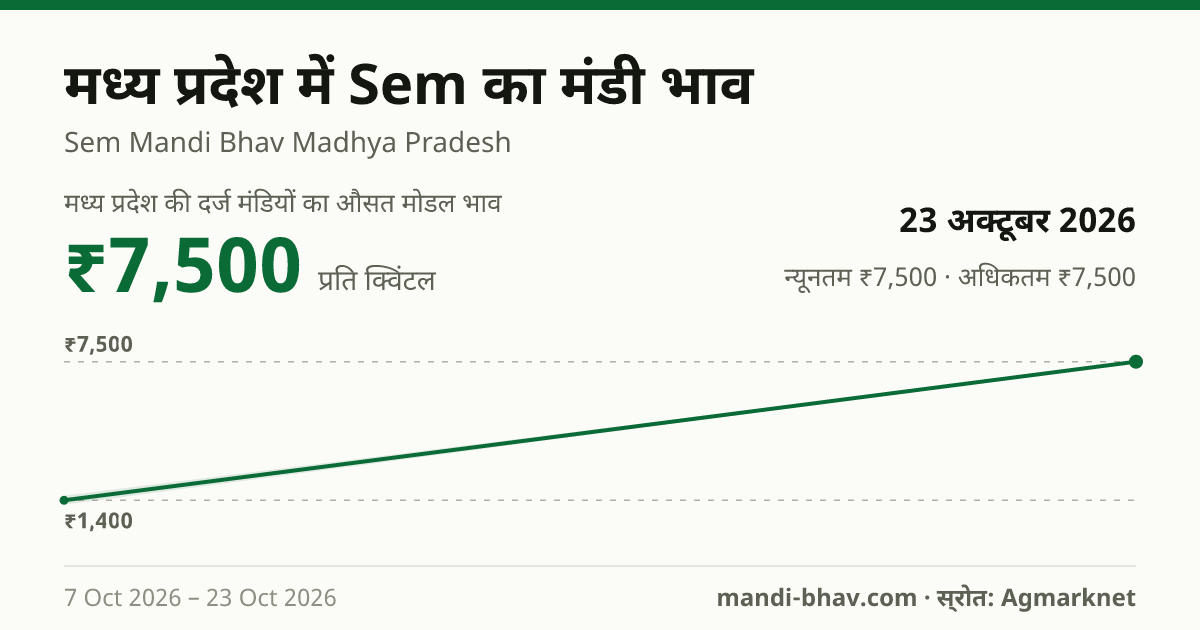 मध्य प्रदेश में Sem का मंडी भाव 23 अक्टूबर 2026: औसत मोडल ₹7,500 प्रति क्विंटल, भाव के रुझान का चार्ट