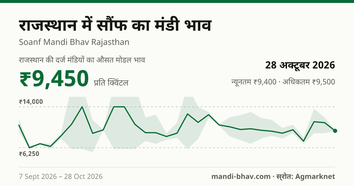 राजस्थान में सौंफ का मंडी भाव 28 अक्टूबर 2026: औसत मोडल ₹9,450 प्रति क्विंटल, भाव के रुझान का चार्ट