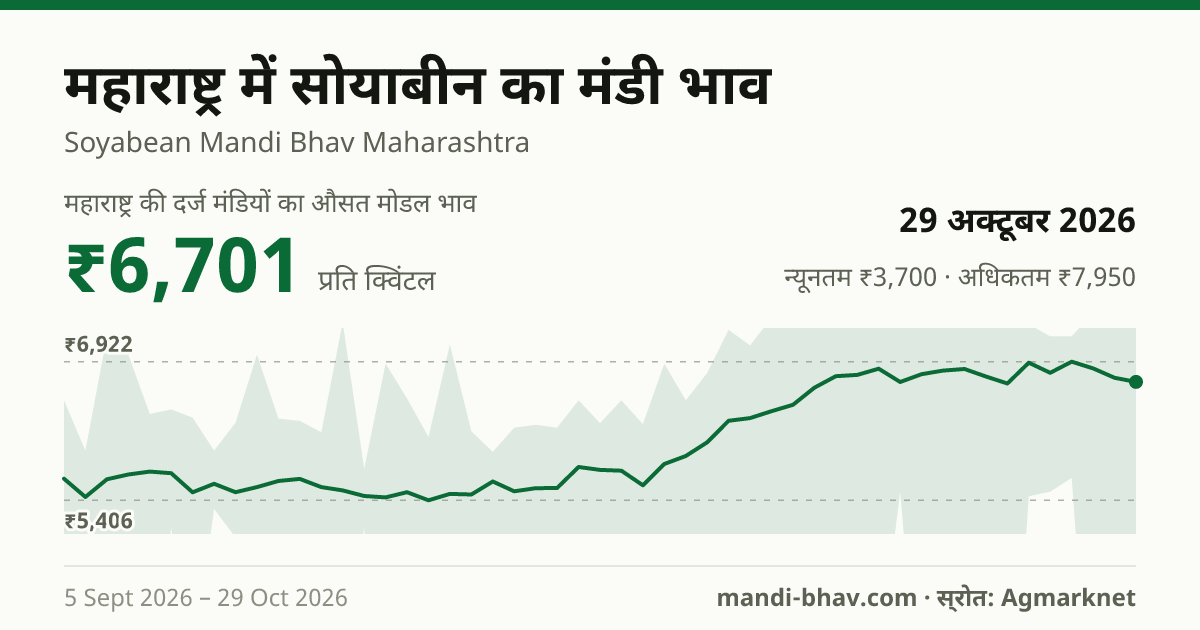 महाराष्ट्र में सोयाबीन का मंडी भाव 29 अक्टूबर 2026: औसत मोडल ₹6,701 प्रति क्विंटल, भाव के रुझान का चार्ट
