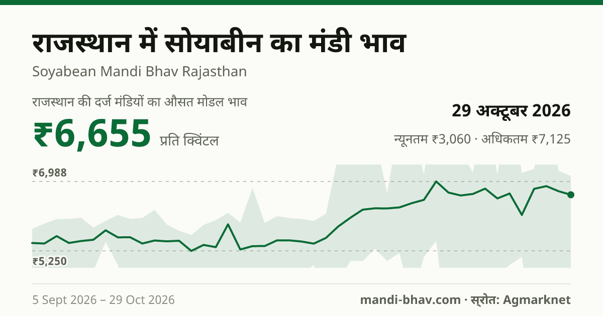 राजस्थान में सोयाबीन का मंडी भाव 29 अक्टूबर 2026: औसत मोडल ₹6,655 प्रति क्विंटल, भाव के रुझान का चार्ट