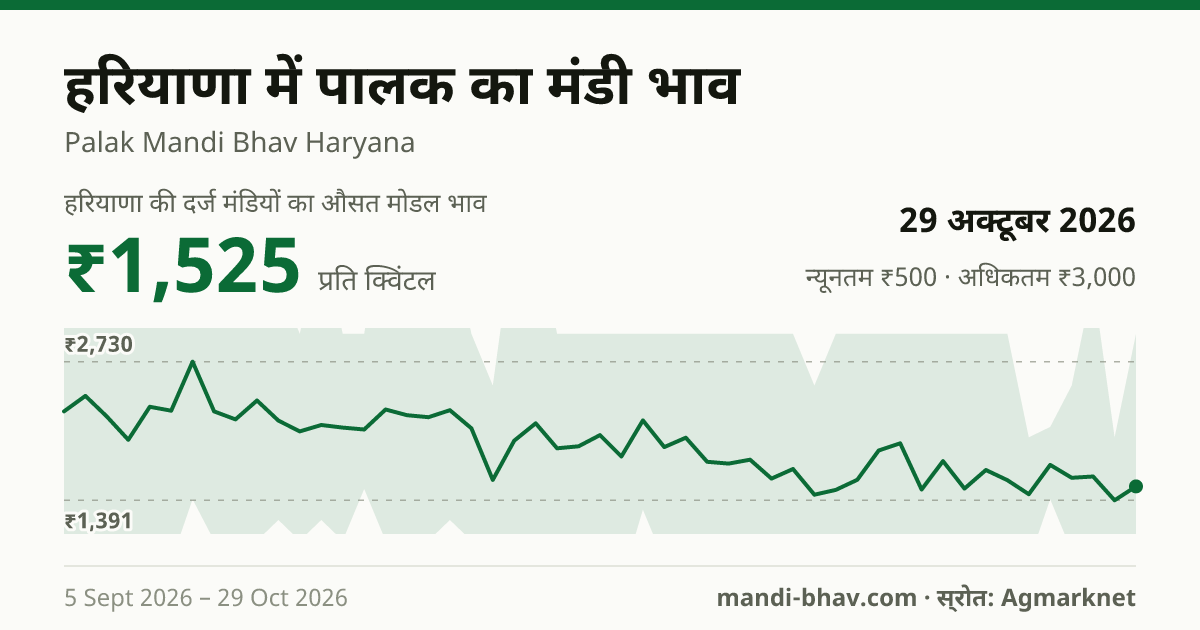 हरियाणा में पालक का मंडी भाव 29 अक्टूबर 2026: औसत मोडल ₹1,550 प्रति क्विंटल, भाव के रुझान का चार्ट