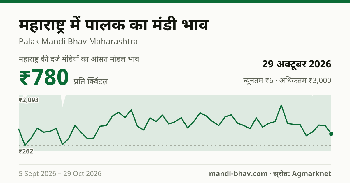 महाराष्ट्र में पालक का मंडी भाव 29 अक्टूबर 2026: औसत मोडल ₹721 प्रति क्विंटल, भाव के रुझान का चार्ट