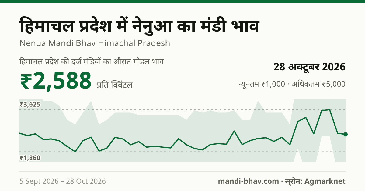 हिमाचल प्रदेश में नेनुआ का मंडी भाव 28 अक्टूबर 2026: औसत मोडल ₹2,588 प्रति क्विंटल, भाव के रुझान का चार्ट
