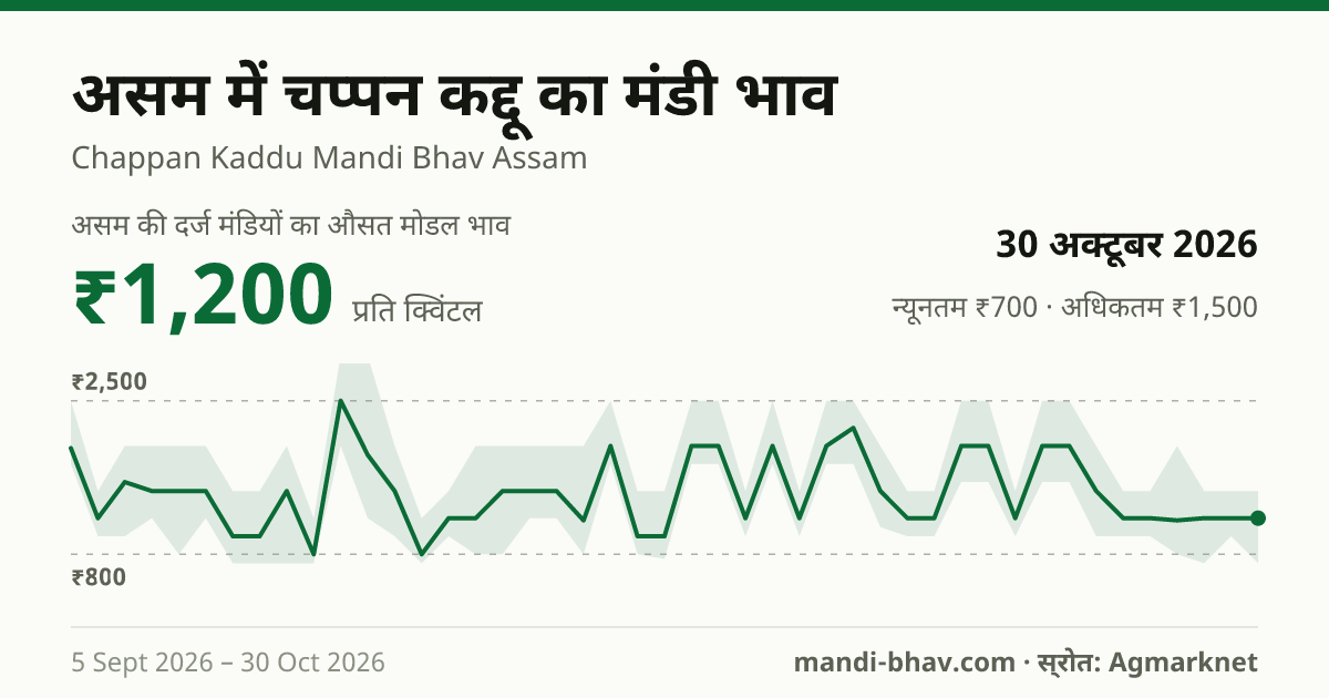 असम में Squash(Chappal Kadoo) का मंडी भाव 30 अक्टूबर 2026: औसत मोडल ₹1,200 प्रति क्विंटल, भाव के रुझान का चार्ट