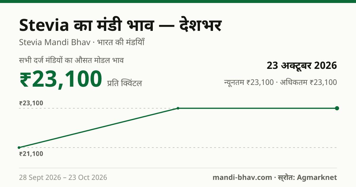 देशभर में Stevia का मंडी भाव 23 अक्टूबर 2026: औसत मोडल ₹23,100 प्रति क्विंटल, भाव के रुझान का चार्ट