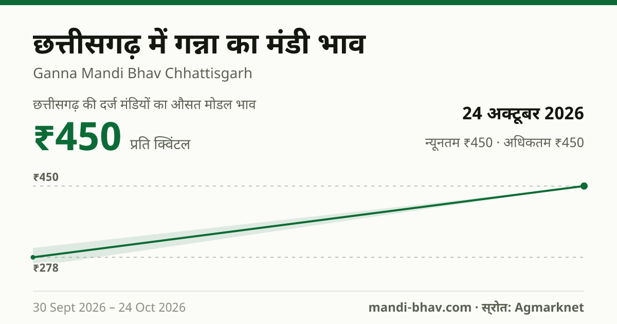 छत्तीसगढ़ में गन्ना का मंडी भाव 24 अक्टूबर 2026: औसत मोडल ₹450 प्रति क्विंटल, भाव के रुझान का चार्ट
