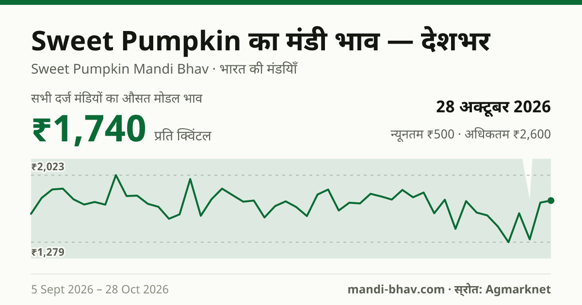 देशभर में Sweet Pumpkin का मंडी भाव 28 अक्टूबर 2026: औसत मोडल ₹1,740 प्रति क्विंटल, भाव के रुझान का चार्ट