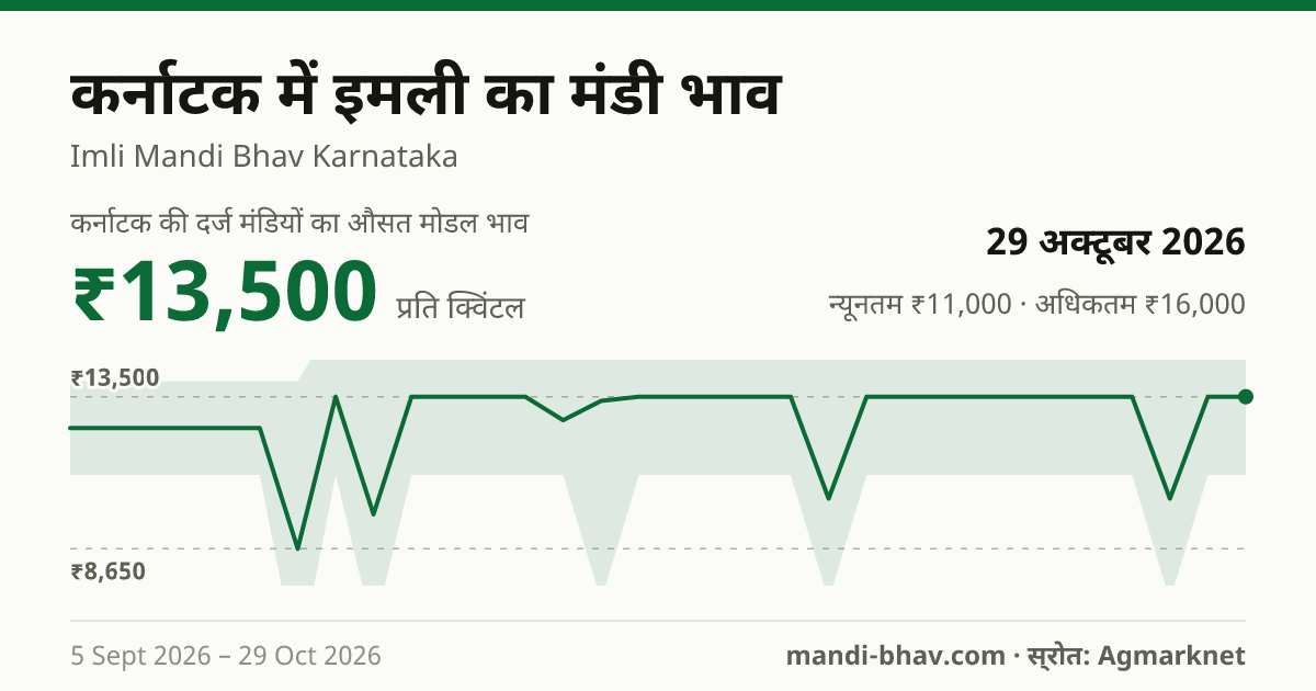 कर्नाटक में इमली का मंडी भाव 29 अक्टूबर 2026: औसत मोडल ₹13,500 प्रति क्विंटल, भाव के रुझान का चार्ट
