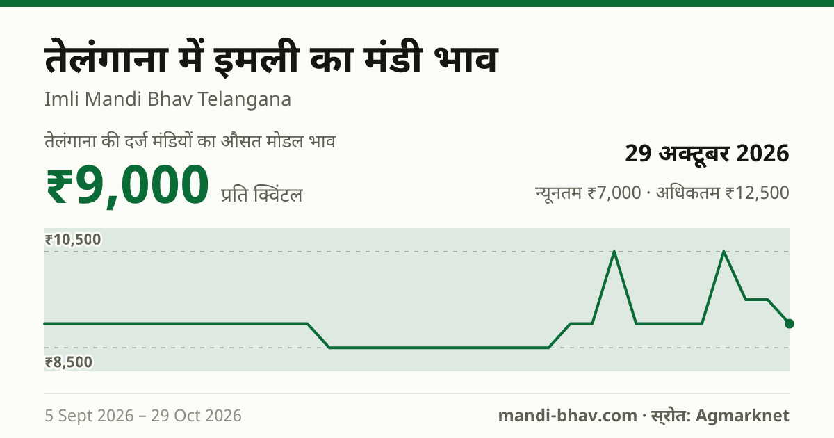 तेलंगाना में इमली का मंडी भाव 29 अक्टूबर 2026: औसत मोडल ₹9,000 प्रति क्विंटल, भाव के रुझान का चार्ट