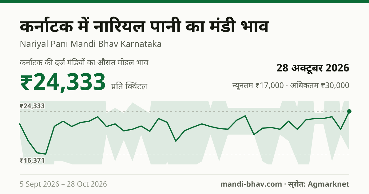 कर्नाटक में नारियल पानी का मंडी भाव 28 अक्टूबर 2026: औसत मोडल ₹24,333 प्रति क्विंटल, भाव के रुझान का चार्ट