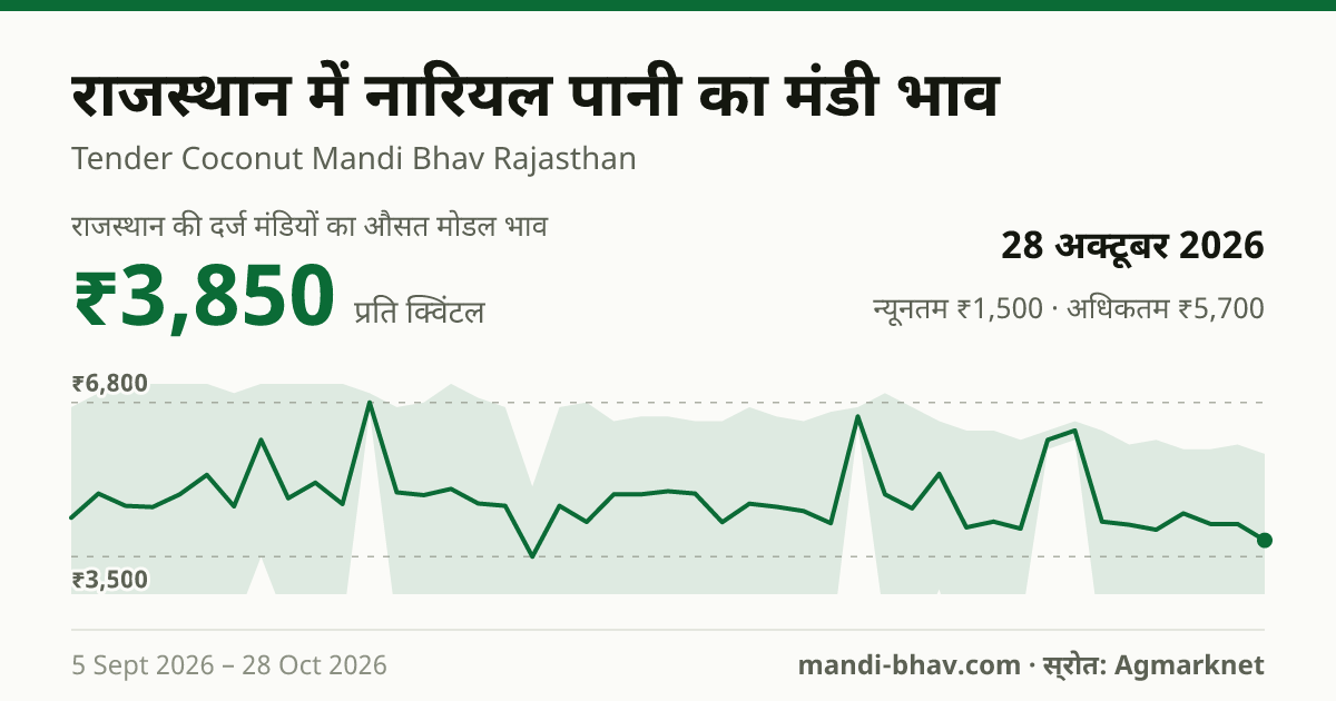 राजस्थान में नारियल पानी का मंडी भाव 28 अक्टूबर 2026: औसत मोडल ₹3,850 प्रति क्विंटल, भाव के रुझान का चार्ट