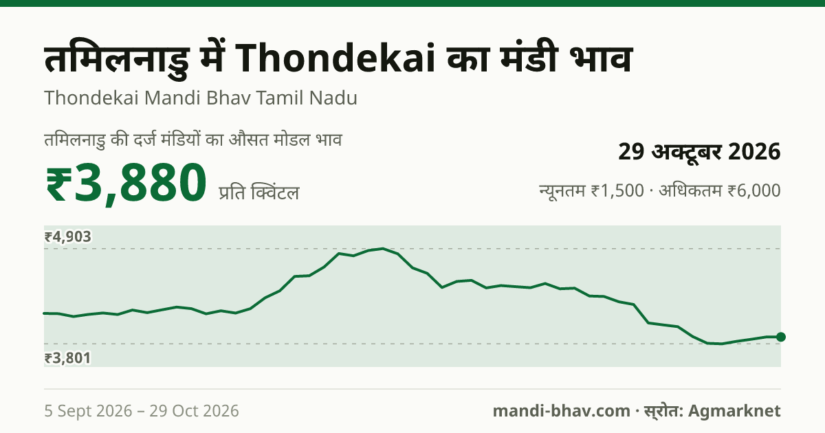 तमिलनाडु में Thondekai का मंडी भाव 29 अक्टूबर 2026: औसत मोडल ₹3,861 प्रति क्विंटल, भाव के रुझान का चार्ट
