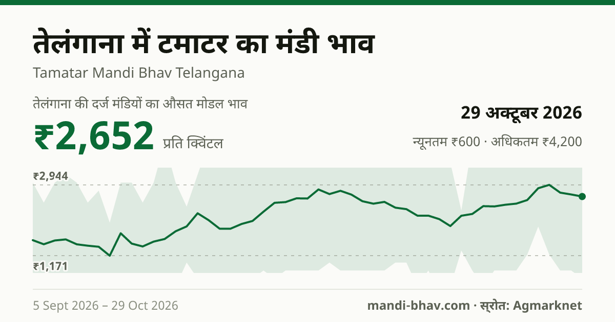 तेलंगाना में टमाटर का मंडी भाव 29 अक्टूबर 2026: औसत मोडल ₹2,652 प्रति क्विंटल, भाव के रुझान का चार्ट