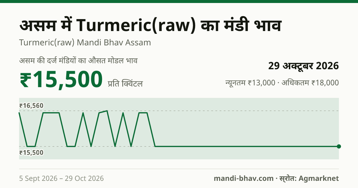 असम में Turmeric(raw) का मंडी भाव 29 अक्टूबर 2026: औसत मोडल ₹15,500 प्रति क्विंटल, भाव के रुझान का चार्ट