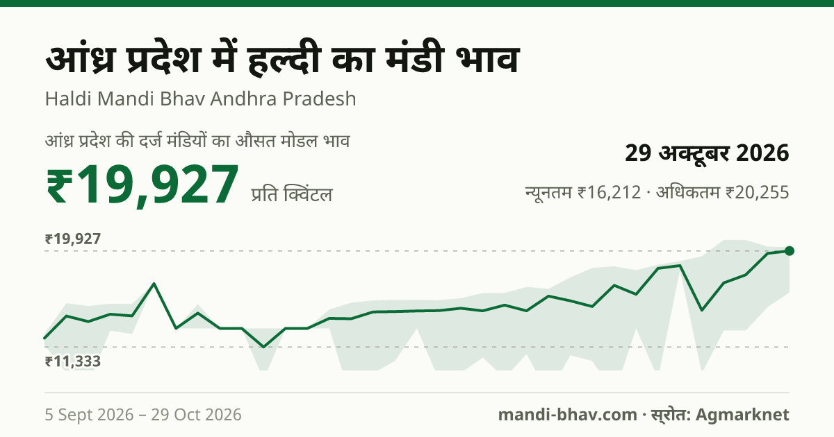 आंध्र प्रदेश में हल्दी का मंडी भाव 29 अक्टूबर 2026: औसत मोडल ₹19,927 प्रति क्विंटल, भाव के रुझान का चार्ट