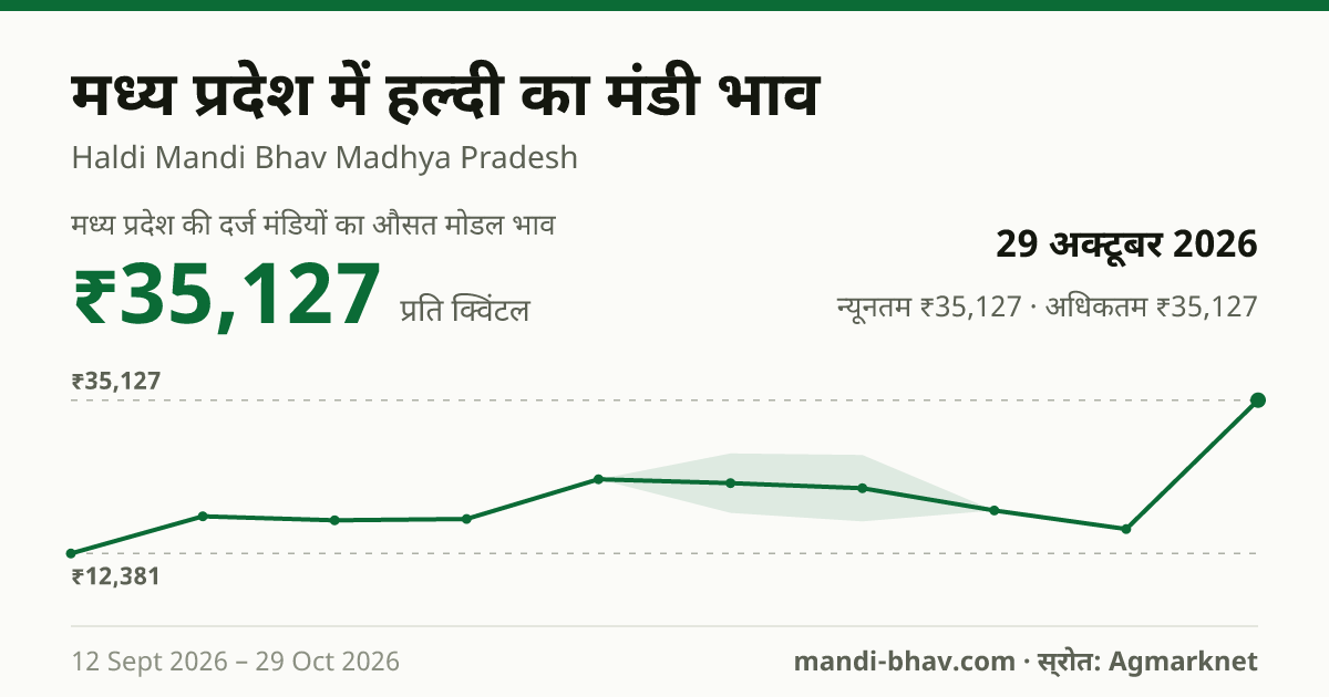 मध्य प्रदेश में हल्दी का मंडी भाव 29 अक्टूबर 2026: औसत मोडल ₹35,127 प्रति क्विंटल, भाव के रुझान का चार्ट