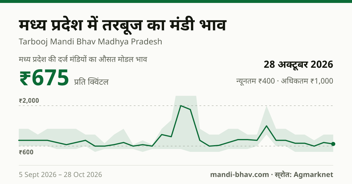 मध्य प्रदेश में तरबूज का मंडी भाव 28 अक्टूबर 2026: औसत मोडल ₹675 प्रति क्विंटल, भाव के रुझान का चार्ट