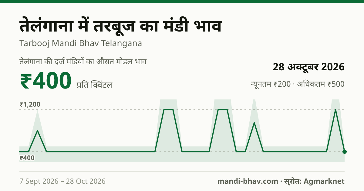 तेलंगाना में तरबूज का मंडी भाव 28 अक्टूबर 2026: औसत मोडल ₹400 प्रति क्विंटल, भाव के रुझान का चार्ट