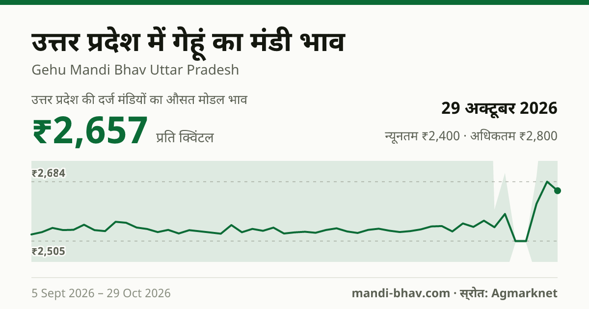 उत्तर प्रदेश में गेहूं का मंडी भाव 29 अक्टूबर 2026: औसत मोडल ₹2,657 प्रति क्विंटल, भाव के रुझान का चार्ट