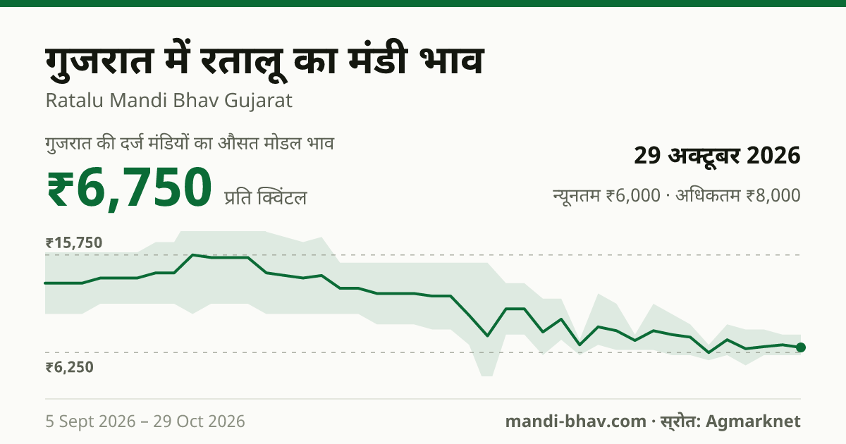 गुजरात में रतालू का मंडी भाव 29 अक्टूबर 2026: औसत मोडल ₹6,750 प्रति क्विंटल, भाव के रुझान का चार्ट