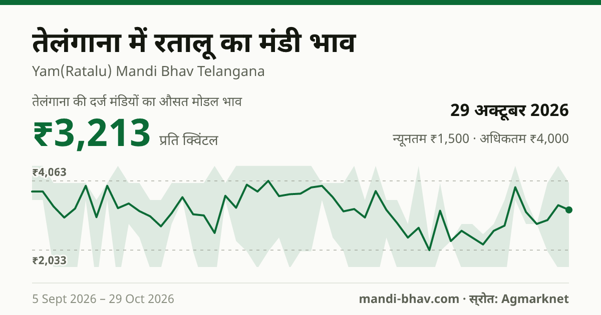 तेलंगाना में रतालू का मंडी भाव 29 अक्टूबर 2026: औसत मोडल ₹3,213 प्रति क्विंटल, भाव के रुझान का चार्ट