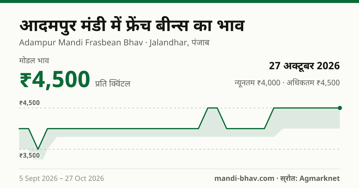 आदमपुर मंडी में फ्रेंच बीन्स का भाव 27 अक्टूबर 2026: मोडल ₹4,500 प्रति क्विंटल, भाव के रुझान का चार्ट