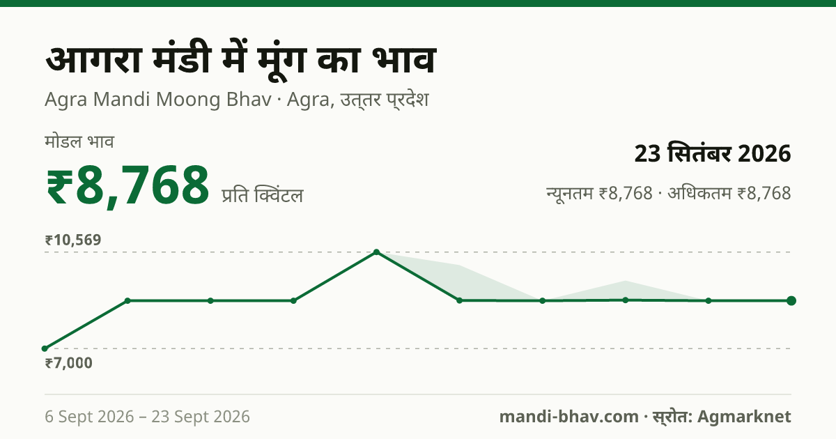 आगरा मंडी में मूंग का भाव 23 सितंबर 2026: मोडल ₹8,768 प्रति क्विंटल, भाव के रुझान का चार्ट